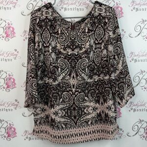 Cynthia Rowley shirt, long sleeve floral, flowy Black and Cream Paisley Blouse